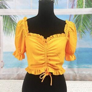 love & piece ruched top golden yellow puffed sleeves sweetheart neckline Sz S